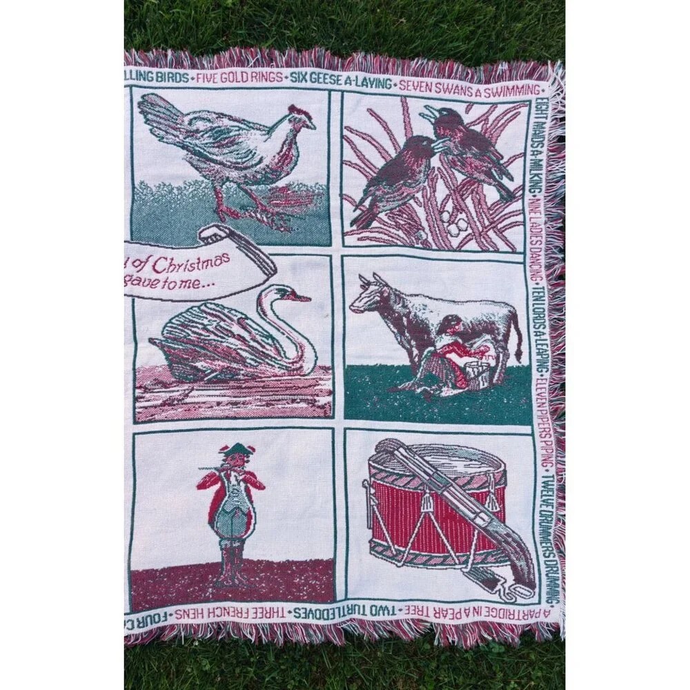 Vintage Twelve Days Of Christmas Woven Tapestry Fringe Throw Blanket